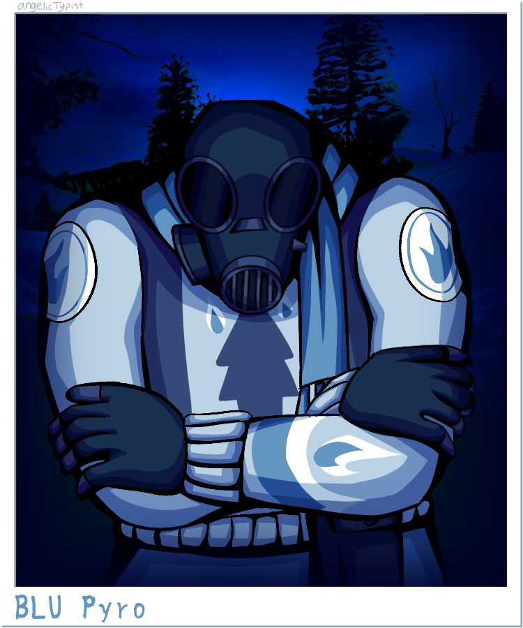 A polaroid picture of BLU Pyro, who is hugging themself, their posture a slouch. Their background is of a winter forst landscape with a dark blue sky.